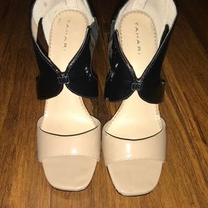 Tahari Open Toe Heels, Size 8, Tan and Black